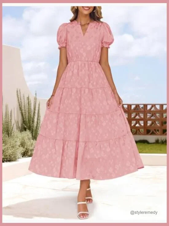 Polyester Floral Textured Midi Dress with Puff Sleeves and V-Neck - Picture 2 of 7